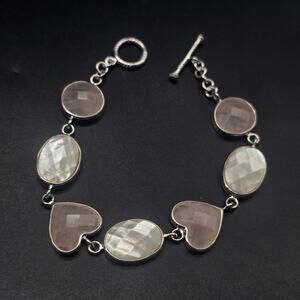 Sterling Silver Rose Quartz Mother of Pearl Bracelet Hearts Toggle Clasp 925